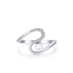Bague serpent en argent sterling S925 avec perle blanche élégante et cristaux brillants