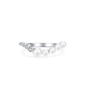 S925 sterling silver V-shape ring with elegant white pearls and sparkling zircon accents