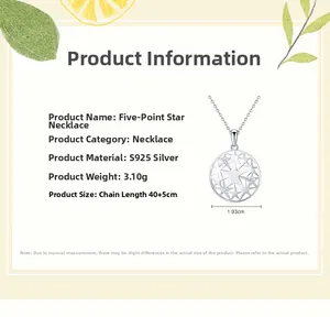 Detailed S925 sterling silver pentagram pendant necklace specifications and size guide