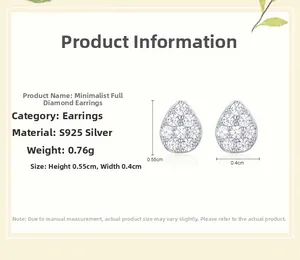 Detail view of S925 silver teardrop earrings with dimensions 0.55cm by 0.4cm