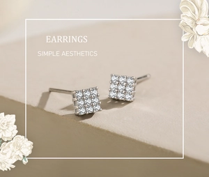 Macro shot of 925 sterling silver square stud earrings with pave-set cubic zirconia stones