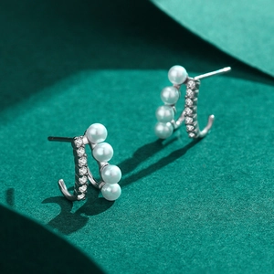 Elegant S925 silver C-shape earrings with white pearls and micro-pave cubic zirconia