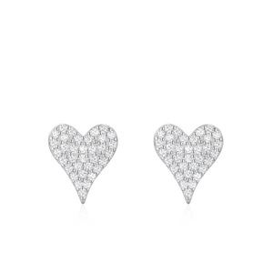Sparkling S925 sterling silver heart earrings featuring pavé-set diamonds on white background