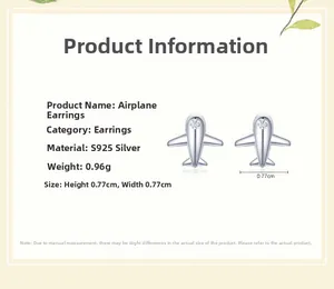 Vue détaillée des boucles d'oreilles avion en argent S925 avec dimensions et zircones