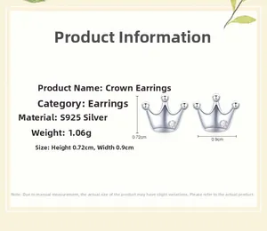 Detailed S925 sterling silver crown stud earring dimensions with cubic zirconia inlay