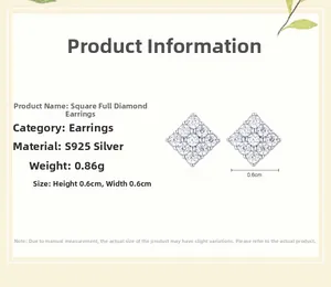 Close-up of S925 sterling silver square stud earrings with micro paved zircon stones