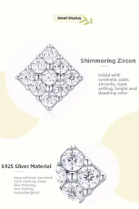 Macro view of S925 sterling silver square stud earrings with prong-set cubic zirconia