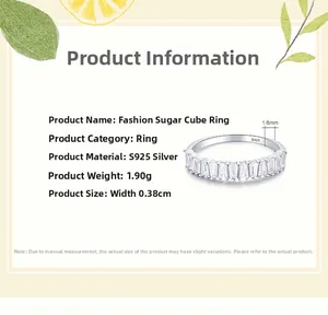 Detailed specs of S925 silver sugar cube ring with cubic zirconia stones and measurements
