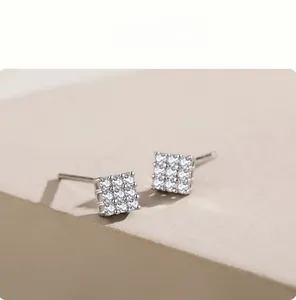 Detailed side view of 925 sterling silver square stud earrings with pave-set cubic zirconia