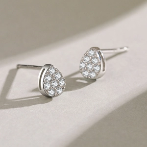 Sparkling S925 sterling silver waterdrop stud earrings with full diamond pavé setting