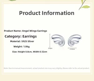 Detail view of S925 silver angel wing stud earrings with dimensions and weight specs