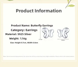 Detailed size chart for S925 sterling silver butterfly stud earrings with dimensions