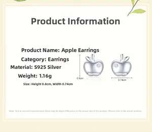 Detailed specs of S925 sterling silver apple stud earrings with zircon inlay