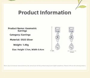 Vue macro de boucles d'oreilles géométriques en argent S925 serties de zircons clairs
