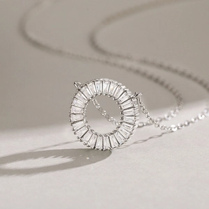 Elegant S925 sterling silver necklace with a baguette-cut zircon circular pendant