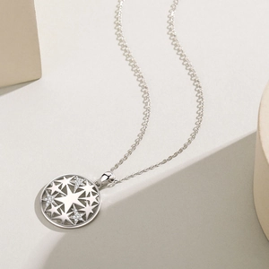 S925 sterling silver pentagram star hollow pendant necklace with sparkling stone accents
