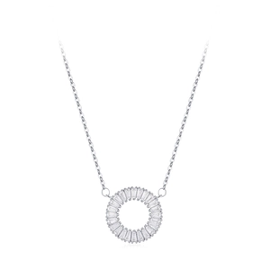 Minimalist S925 sterling silver circle pendant necklace with baguette-cut zircon stones