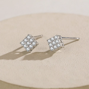 Elegant S925 sterling silver square stud earrings featuring a brilliant 9-stone diamond matrix
