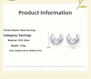 Detail showing S925 silver moon stud earrings dimensions and zircon inlay specifications