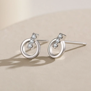 Minimalist S925 sterling silver stud earrings with three micro-set zircons on round hoops