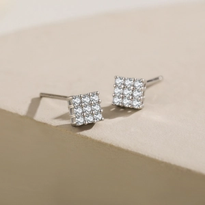 Elegant S925 sterling silver square stud earrings with brilliant micro-pave white crystals