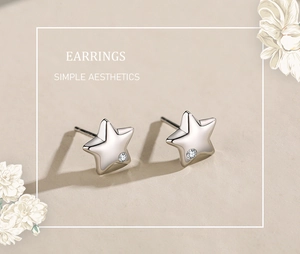 Close-up of S925 sterling silver star stud earrings with a tiny sparkling micro-diamond