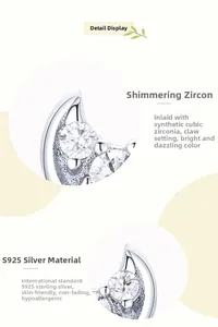Macro detail of S925 sterling silver moon stud earrings with prong-set cubic zirconia