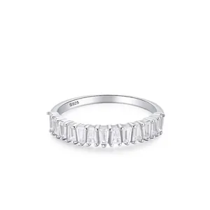S925 Sterling Silver Square Baguette Ring For Women Sparkling Zirconia Inlaid Eternity Band Light Luxury Geometric Jewelry
