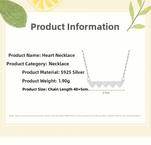 Spécifications détaillées de taille pour collier cœur en argent 925, chaîne 40+5cm