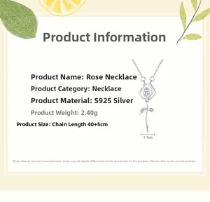 Detail specifications of S925 sterling silver rose pendant with zircon and chain dimensions