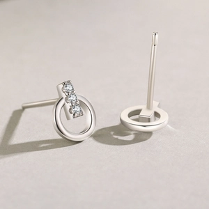 Minimalist s925 silver stud earrings with three micro-set zircons on a vertical bar