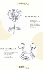 Detail of S925 sterling silver rose pendant showing prong-set cubic zirconia stones
