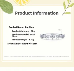 Detail view of S925 sterling silver star ring showing 1.30g weight and 0.42cm width