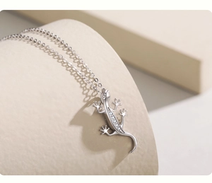 Vue détaillée du pendentif gecko en argent massif S925 orné de zircons blancs