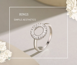 Detail of s925 silver ring featuring a hollow circular bezel set with rectangular zircons