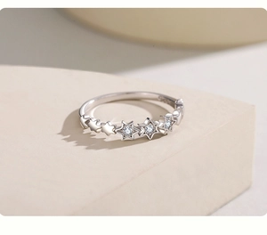 Detailed view of S925 sterling silver star ring with micro-pave zirconia stones