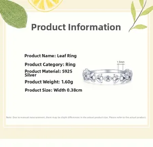 Détail macro de la bague feuille en argent S925 avec zircon et dimensions du produit
