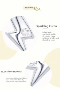Detail of S925 sterling silver lightning stud with zircon in prong setting