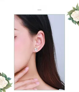 Close-up of elegant S925 silver pearl earrings with micro-inlaid zircons on female model
