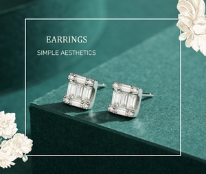 Detailed close-up of s925 silver square earrings with baguette and round zircons