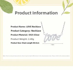 Detailed specs of S925 sterling silver LOVE necklace with paved zircons and chain size