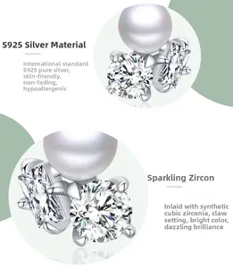 Detailed view of S925 silver pearl earrings with cubic zirconia in prong setting