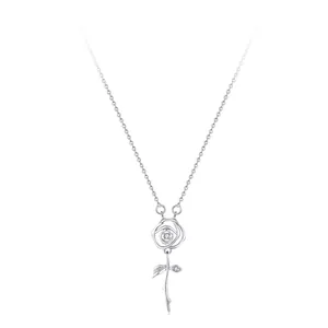 Vintage Romantic Rose Pendant Necklace 925 Sterling Silver Zirconia Flower Jewelry Neck Chain For Women Gift