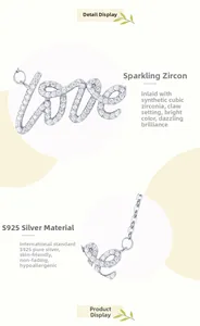 Macro detail of S925 sterling silver LOVE pendant necklace with cubic zirconia paving