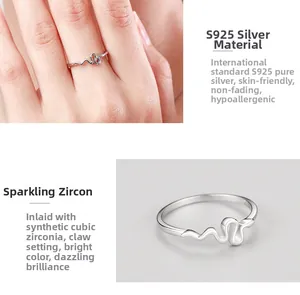 Close-up of S925 sterling silver snake ring with cubic zirconia in prong setting