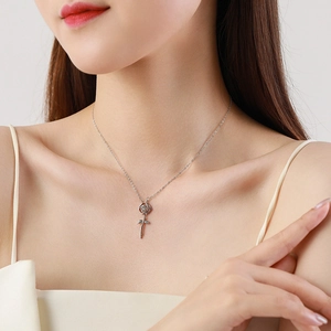 Elegant S925 sterling silver vintage rose pendant necklace worn by a female model