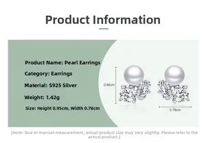 Detailed infographic showing s925 silver pearl stud earrings dimensions and 1.42g weight
