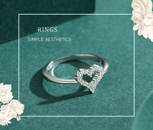 Detailed view of hollow heart ring in s925 silver with micro-pave cubic zirconia