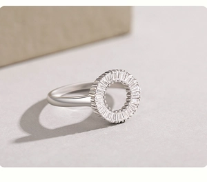 Detailed macro view of S925 sterling silver ring with channel-set baguette diamonds