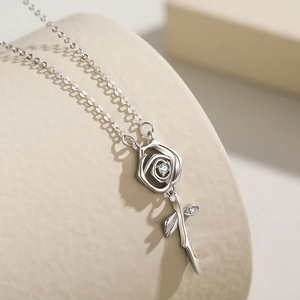 Vintage S925 sterling silver rose pendant necklace with sparkling zircon stone